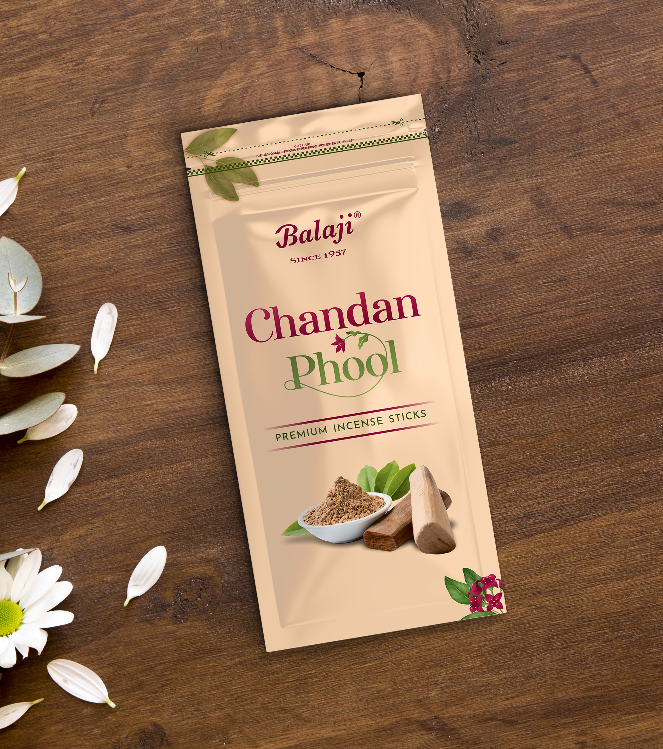 CHANDAN PHOOL BALAJI PREMIUM INCENSE STICKS 140 x 300 – 70Rs 110g POUCH